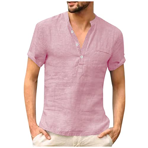 Herren Hemd Langarm Leinen Sommer Anzug Baumwolle Button Down Einfarbig Freizeithemd Outdoor Henley Shirt T-Shirt Weiß Kurzarm,Hemd Herren Kurzarm，Y-Pink，XL von Generic