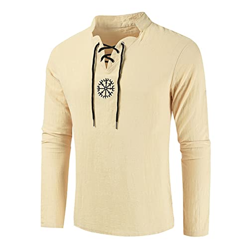 Herren Hemd Leinen Langarm Freizeithemd mit Stickerei Stehkragen Vintage Schnürung Männer Tops Luftig und Angenehm Regular Fit Elastisches Sport T-Shirt Reiner Baumwolle Khaki 3XL 2023 von Generic