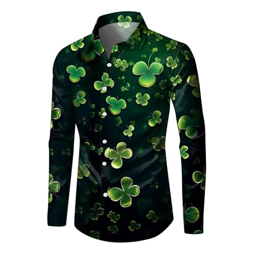 Herren Hemd St. Patrick's Day Glücksgras Kleeblatt Druck Hawaiihemd Langarm Sommer Hemd Männer Party Hemd Regular Fit Freizeithemd Urlaubs Hemd (BK1, M) von Generic