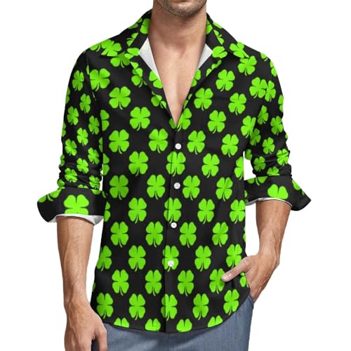 Herren Hemd mit St Patrick's Day Motiv Vierblättriger Kleeblattdruck Langarm Hawaii Hemd für Herren Frühling Kostüm Freizeithemd Kleeblatt Glücksbringer St Patricks Day Kostüm Irland Saint Hawaiihemd von Generic