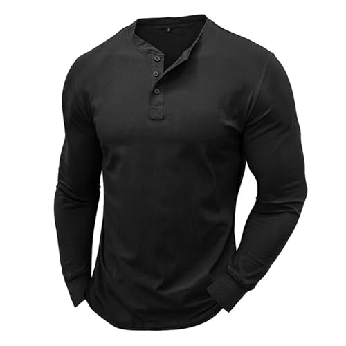 Herren Henley Shirt Longsleeve Langarmshirt Männer DREI Taste Knopfleiste Baumwolle Beiläufig Hemden Heavyweight T-Shirt mit Grandad-Ausschnitt von Generic