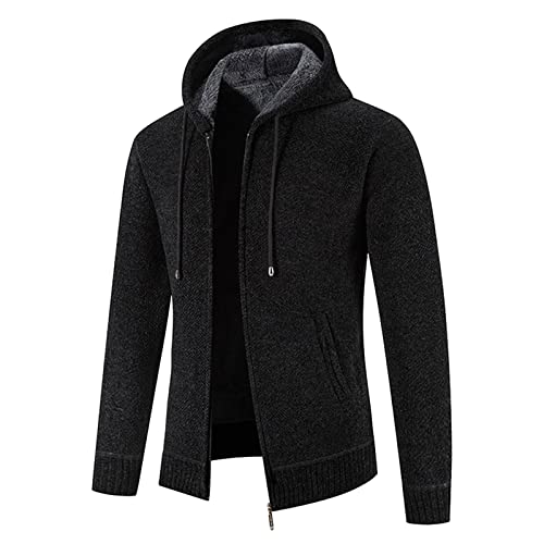 Herren Herbst und Winter Solide Kapuze Reißverschluss Warme Strickjacke Strickmantel Wintermantel Tailliert (Black, XXL) von Generic