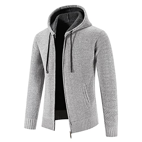 Herren Herbst und Winter Solide Kapuze Reißverschluss Warme Strickjacke Strickmantel Wintermantel Tailliert (Grey, M) von Generic