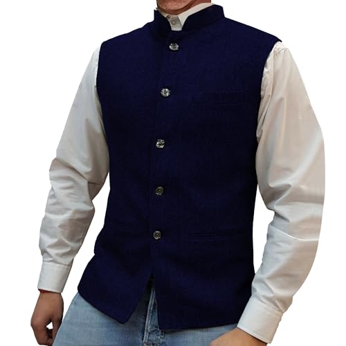 Herren Herringbone Tweed Anzugsweste Hoher Kragen Slim Fit Kleid Weste Weste Business Formal Hochzeit Prom Waistcoat (Dunkelblau,M) von Generic