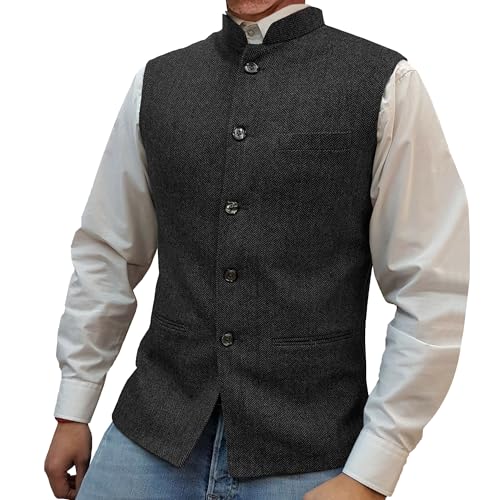 Herren Herringbone Tweed Anzugsweste Hoher Kragen Slim Fit Kleid Weste Weste Business Formal Hochzeit Prom Waistcoat (Schwarz,5XL) von Generic