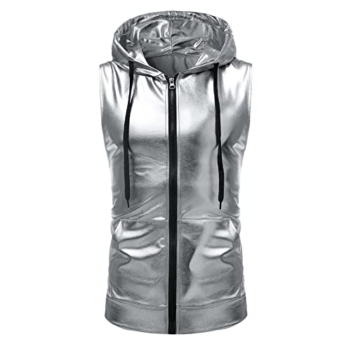 Herren Hipster Metallic Pailletten Reißverschluss ärmellose Kapuzenweste T-Shirt mit Kängurutasche von Generic