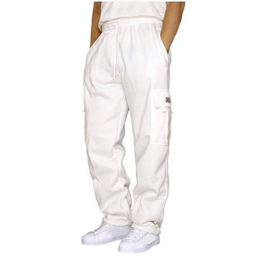 Herren Hosen Cargo Jogging-Hose Cargohose Herren Cargo Hose Outdoor Lange Freizeithose Basic Classic Fit Trekkinghose Herren-Cargohose Cargo Arbeitshose Pants Männer mit Kordelzug, L, Weiß von Generic