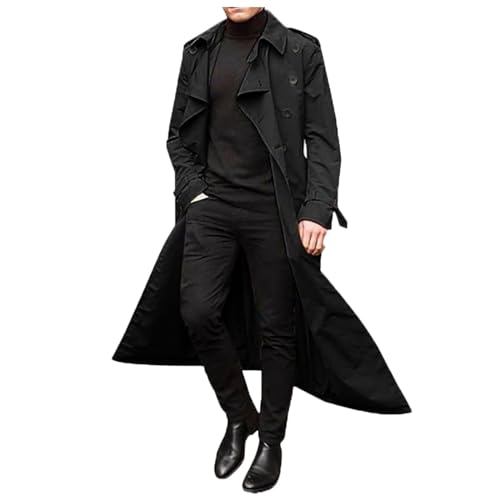 Herren Jacke Elegante Herren Trenchcoat Dünn Und Elegant Lässig Doppelt Revers Langarm Lange Jacke Mit Gürtel Business Urlaub Jacke A, Schwarz , L von Generic