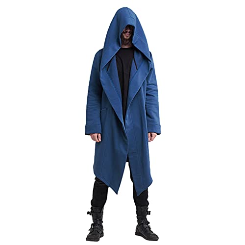 Herren Jacke Long Hooded Open Edge Cardigan Lange Sweatjacke mit Kapuze,Gothic Mantel Männer Mittelalter Vintage Jacke Für Karneval Fasching Halloween Kostüm Party Cosplay Verkleidung Blau L von Generic