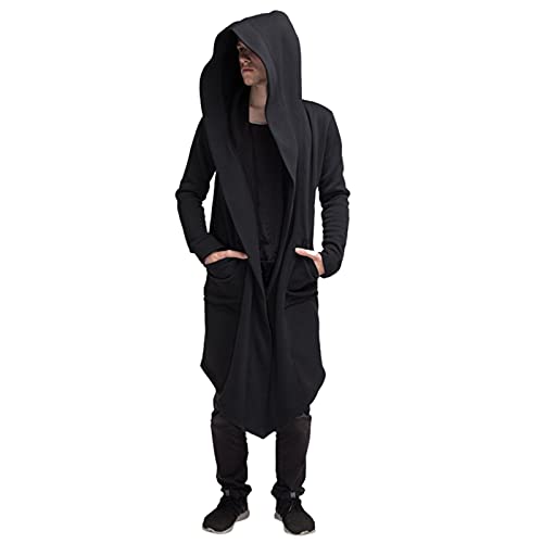 Herren Jacke Long Hooded Open Edge Cardigan lange Sweatjacke mit Kapuze,Gothic Mantel Männer Mittelalter Vintage Jacke Für Karneval Fasching Halloween Kostüm Party Cosplay Verkleidung Schwarz L von Generic