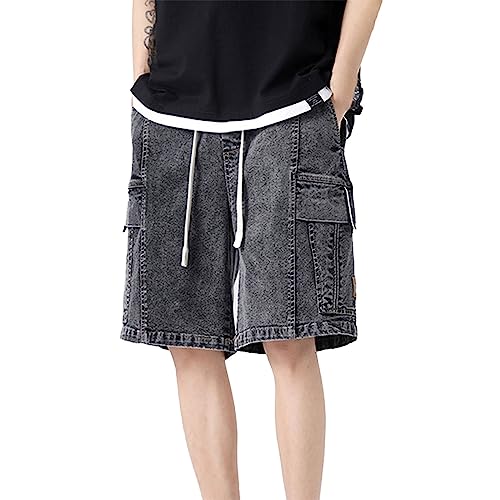 Herren Jeans Kurz Stretch Sommer Denim Shorts Baggy Jeanshorts Kurze Jeanshose Jorts Shorts Bermuda Shorts mit Tunnelzug Taschen Atmungsaktiv Arbeitsshorts Gerade Solide Farbe Cargoshorts von Generic