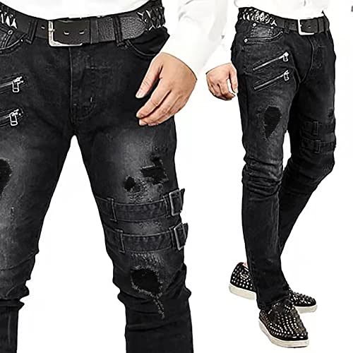 Herren Jeans Punk Denim Zerrissene Jeans Hippie Look-Knopfleiste Slim Fit Knöpfbar Gemütliche Hautfreundlich Gothic Fashion Streatwear Funky Basic Straight Leg Schwarz Blau S-3XL von Generic