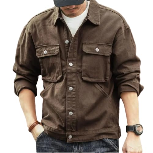 Herren Jeansjacke Cargo Oversize Braun Männliche Jean Jacken, Braune Jacke, L von Generic
