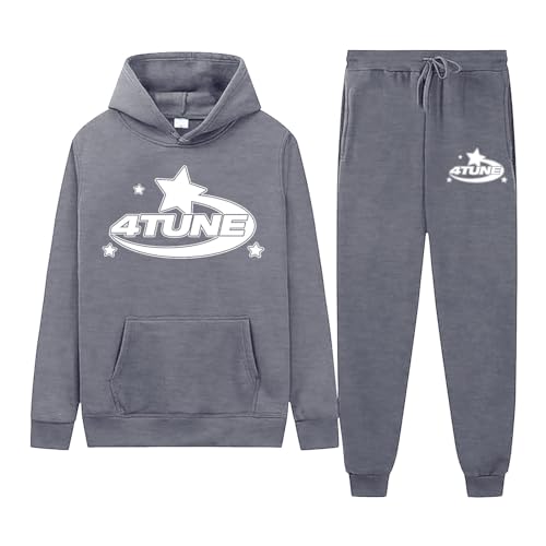 Herren Jogginganzug, Trainingsanzug Sweatshirt und Jogginghosen mit Tasche Y2K Hip Hop 4TUNE Hausanzug Sportanzug Tracksuit Anzug Oberteile Und Sporthosen Hoodies Buchstaben Druck (2 Stück Anzug) von Generic