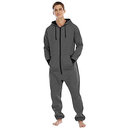 Herren Jumpsuit Onesie mit Kapuze Tasche Plüsch Flanell Fleece Overall Pyjama Winter Warm Reißverschluss Langarm Hoodies Schlafanzug Einteiler Homewear Schlafoverall Nachtwäsche Strampler von Generic
