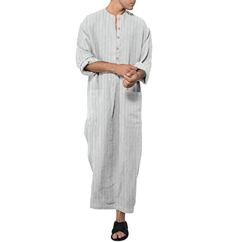 Herren Kaftan Lang Leinen | Leinenhemd Herren Langarm Sommer Baumwolle Thobe Mit Taschen Unifarbe Bademantel-Langes Kaftan V-Ausschnitt Morgenmantel Mit Knopf Hoch Thobe Morgenmantel-Kleid von Generic