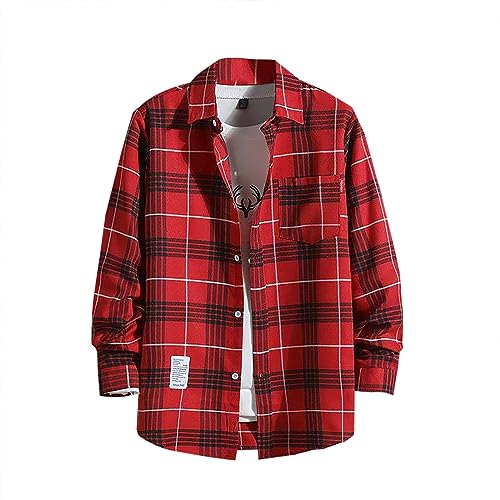 Herren Kariert Langarm Casual Button Down Freizeithemd Herren Hemd Kariertes Flanellhemd Freizeithemd Regular Fit Langarm Karohemd Baumwolle HolzfäLler Oberteil Casual Shirt mit Brusttasche (Rot, L) von Generic