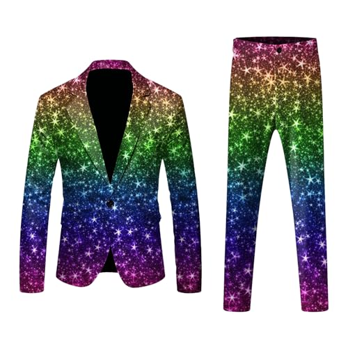 Herren Karnevals Anzug Set 3D Digitaldruck leichtes Business Anzug Jacken Hosen Set Verrückte Anzüge Goldener Karnevalsanzug Aufdruck Hose zweiteiliges Set Jogging Set Pailletten Sakko Gold Glitzer von Generic