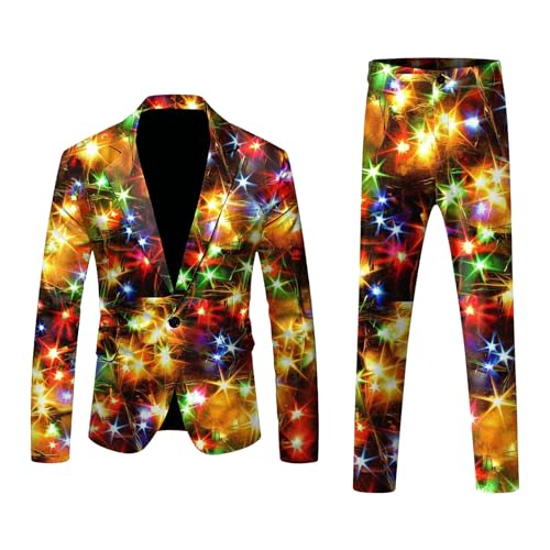 Herren Karnevals Anzug Set 3D Digitaldruck leichtes Business Anzug Jacken Hosen Set Verrückte Anzüge Goldener Karnevalsanzug Aufdruck Hose zweiteiliges Set Jogging Set Pailletten Sakko Gold Glitzer von Generic