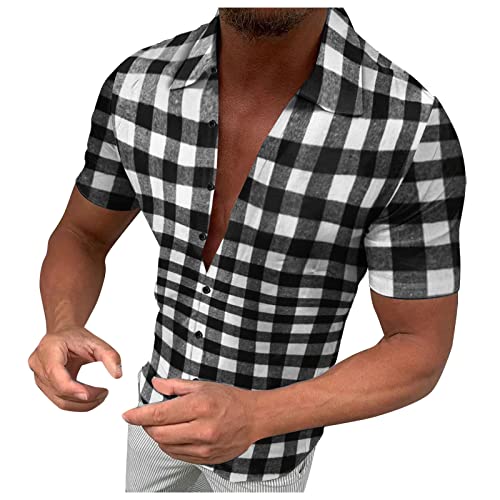 Herren Karohemd Kurze Ärmel Slim Fit Arbeitshemd Kurze Weiß Schwarz Gestreiftes Karierte Freizeithemd Button-down Business Hemd Herren Sommer Alltagskleidung Hochwertige Strandhemd M-3XL von Generic