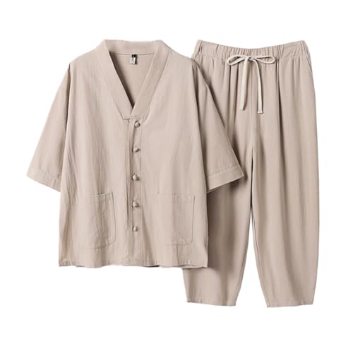 Herren Kimono Robe Baumwolle Pyjamas Anzug Sommer Nachthemd Pyjamas Plus Size Kurzarm Pyjama Set mit Taschen,Apricot,3XL von Generic