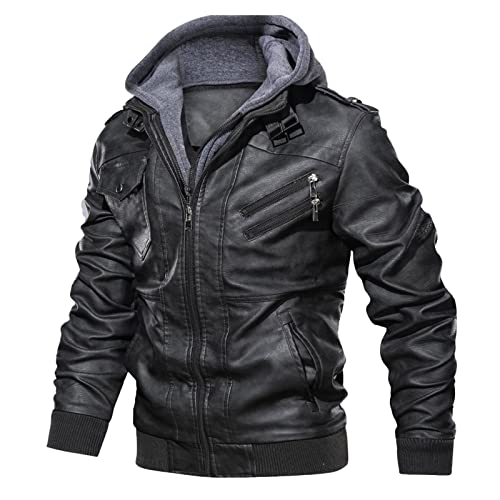 Herren KunstLederjacke Bikerjacke mit Abnehmbarer Kapuze Übergangsjacke Leder Echtlederjacke Echtleder Wildleder Biker Lederjacke Herren Schwarz von Generic