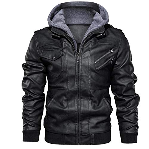 Herren KunstLederjacke Bomberjacke Vintage Übergangsjacke Bikerjacke Vintage Herrenjacke Winter Freizeitjacke mit Abnehmbarer Kapuze von Generic