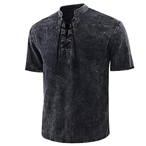 Herren KurzäRmlige Retro-Oberteile Gothic SchnüR-T-Shirts Mit V-Ausschnitt Sommer Einfarbig Vintage Mittelalter KostüMe T-Shirts from liangduming (XXL,Schwarz) von Generic