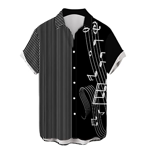 Herren Kurzarm Hawaiihemd Musikalische Gitarre Musiknote Männer Casual Funky Hawaii Hemd Button Down Urlaub Hemd Reise Shirt Strand Beilaufig Freizeit Hemd(Black,L) von Generic