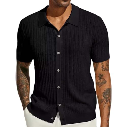 Herren Kurzarm-Strickhemd Casual Button Hollow Out Beach Shirt Herren Strickjacke Lässige Langarm Kläppchenkragen Strickjacke Poloshirt Herren Kurzarm Slim Fit Button Down Leichtes Sommerhemd von Generic