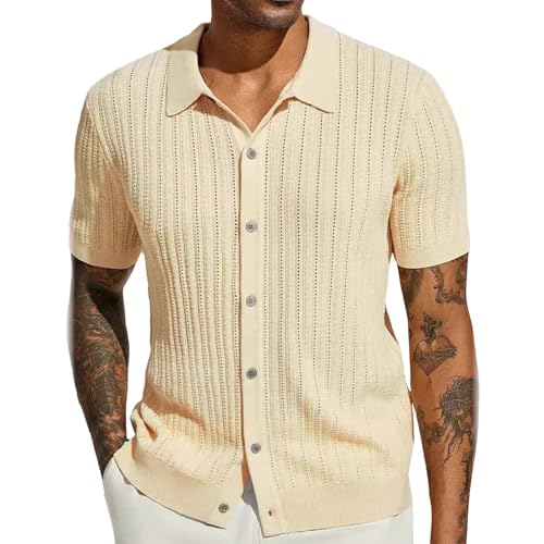 Herren Kurzarm-Strickhemd Casual Button Hollow Out Beach Shirt Herren Strickjacke Lässige Langarm Kläppchenkragen Strickjacke Poloshirt Herren Kurzarm Slim Fit Button Down Leichtes Sommerhemd von Generic