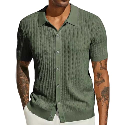 Herren Kurzarm-Strickhemd Casual Button Hollow Out Beach Shirt Herren Strickjacke Lässige Langarm Kläppchenkragen Strickjacke Poloshirt Herren Kurzarm Slim Fit Button Down Leichtes Sommerhemd von Generic