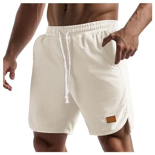 Herren Kurze Hosen Waffel Casual Sport Shorts Sommer Sportshorts Laufen Jogging Strand Sweat Shorts mit Taschen (Beige, XL) von Generic