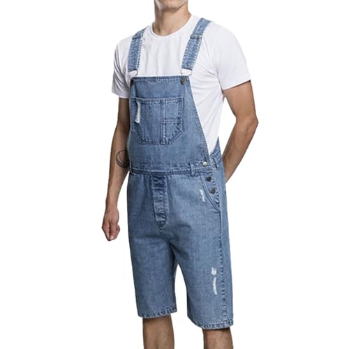 Herren Kurze Jeans Overall Denim Latzhose Vintage Latzshorts Ripped Distressed Jumpsuit Freizeit Jeanshose Männer Cargo Jeans Retro Jumpsuit Arbeitshose Blau Arbeitslatzhosen Latzanzug (Light Blue, L) von Generic
