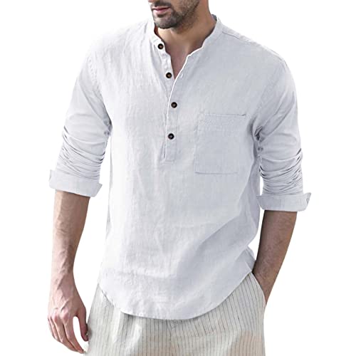 Herren Langarm Henley-Shirt Freizeithemd Baumwolle Leinenhemd für Männer Locker Schnitt Casual Sportshirt Positive Schulter Stretch Leicht Atmungsaktives Herren Langarm T-Shirt Weiß XXL von Generic