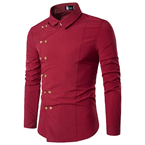 Herren Langarmhemd Herren Freizeithemden Belastbar und Weich Stehkragen Zweireihig Langarm Shirt Herren Einfarbig Gold Mittellang Männer Slim Fit Tops Party-Hemden Rot M von Generic