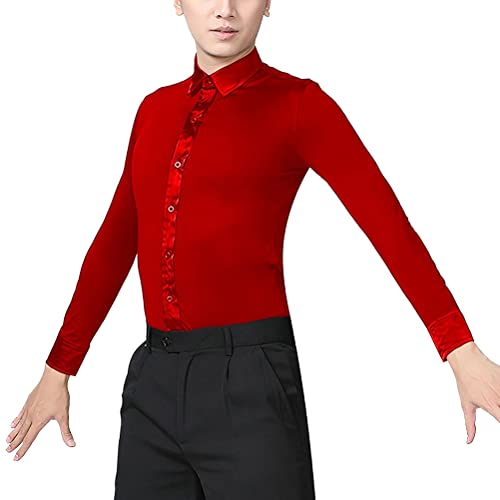 Herren Latein-Tanzhemd Langarm Ballsaal Tanztop Salsa Modern Walzer Tango Dancewear Standard Performance Wear (Rot, L) von Generic