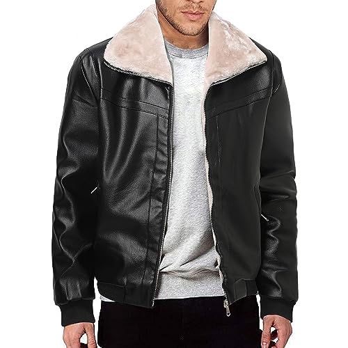 Herren Lederjacke mit Fleece Inside Revers Vintage Kunstlederjacke Teddy Futter Wintermantel Bikerjacke Reißverschluss Winterjacke Parka Übergangsjacke Outwear für Männer(Black,XXL) von Generic