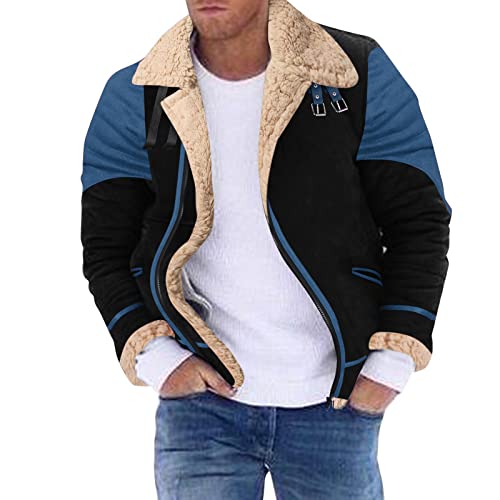 Herren Lederjacke mit langen Ärmeln mit Reverskragen in Übergröße Vintage Schaffellmantel Sweatshirt Fell Innenraum, blau, XXXL von Generic