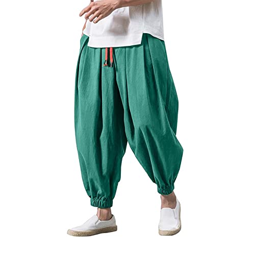 Herren Leinen Baumwolle Haremshose Einfarbige Freizeithose Herren Atmungsaktive Pumphose Stretch Verschärfen Hosenbein Pluderhose Leichte Elastisches Sport Jogginghose A-Grün XXL von Generic