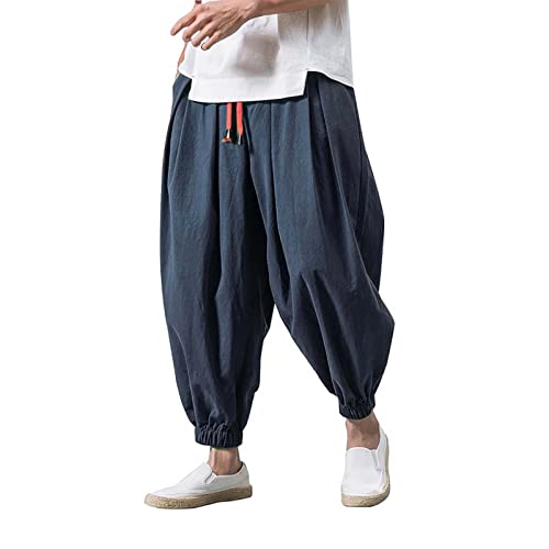Herren Leinen Baumwolle Haremshose Einfarbige Freizeithose Herren Atmungsaktive Pumphose Stretch Verschärfen Hosenbein Pluderhose Leichte Elastisches Sport Jogginghose A-Marine XXL von Generic