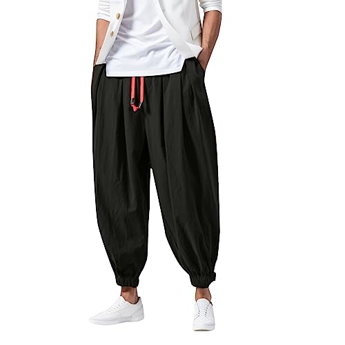 Herren Leinen Baumwolle Haremshose Einfarbige Freizeithose Herren Atmungsaktive Pumphose Stretch Verschärfen Hosenbein Pluderhose Leichte Elastisches Sport Jogginghose B-Schwarz M von Generic