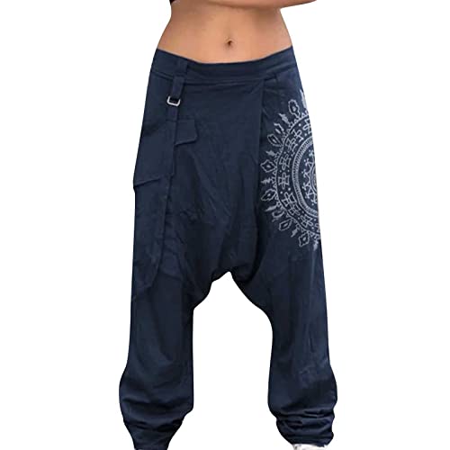 Herren Leinen Baumwolle Haremshose Einfarbige Freizeithose Herren Atmungsaktive Pumphose Stretch Verschärfen Hosenbein Pluderhose Leichte Elastisches Sport Jogginghose Dunkelblau L von Generic