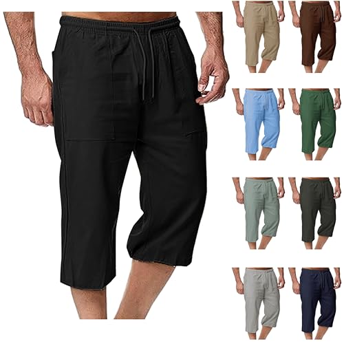 Herren Leinen Shorts 3/4 Hose Dreiviertel Leinenhose Kurz Hosen Sommerhose Strand Jogger Relaxed Fit Sweatpants Sommer Shorts Freizeithose Sporthose Elastischem Bund Jogginghose Lounge Caprihose von Generic