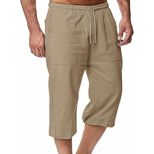 Herren Leinen Shorts 3/4 Hose Dreiviertel Leinenhose Kurz Hosen Sommerhose Strand Jogger Relaxed Fit Sweatpants Sommer Shorts Freizeithose Sporthose Elastischem Bund Jogginghose Lounge Caprihose von Generic