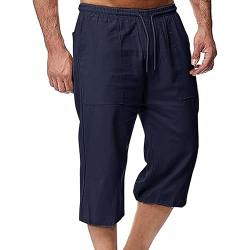 Herren Leinen Shorts 3/4 Hose Dreiviertel Leinenhose Kurz Hosen Sommerhose Strand Jogger Relaxed Fit Sweatpants Sommer Shorts Freizeithose Sporthose Elastischem Bund Jogginghose Lounge Caprihose von Generic