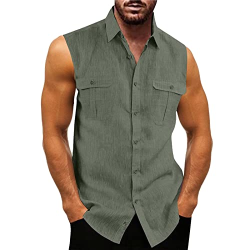 Herren Leinenhemd Ärmellos Sommer Hemd Shirt Stehkragen Shirts Tank Tops Basic Mann Tshirt Leinen Lose Atmungsaktiv Bequem Freizeithemd Strand Top Grün L von Generic