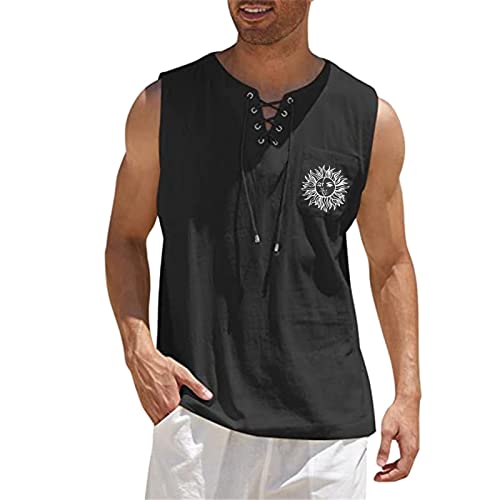 Herren Leinenhemd Ärmellos Sommer Hemd Shirt Tank Tops Retro-Kragen mit Schnürung, Männer Sommerhemd Freizeithemd Casual Leinen Yoga Shirt Fisherman Strandhemd Trachtenhemd Schwarz M von Generic