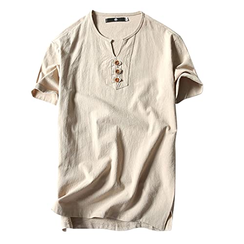 Herren Leinenhemd Kurzarm Hemden Sommer Hemd Leinen Baumwolle Freizeithemd Sommerhemd Leinen Kurzarmhemd Stehkragenhemd Hawaii Hemd Männer Trachtenhemd Khaki 5XL von Generic