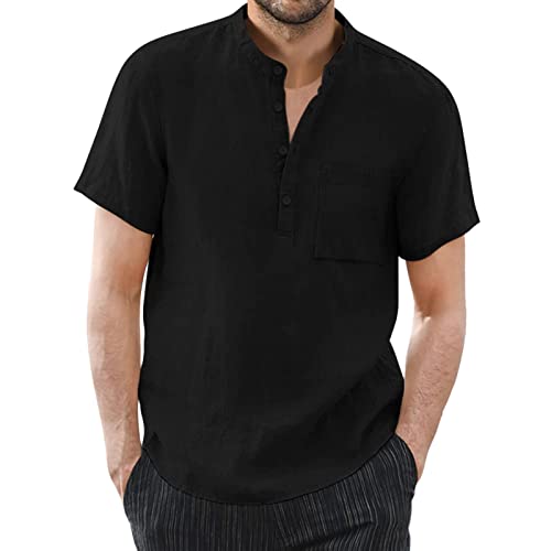 Herren Leinenhemd Sommer Hemden Herren Freizeithemd mit Grandad-Kragen Sommerhemd Männer Hemd Kurzarm Henley Leinen Hemd Regular Fit Leinenhemd Schwarz M von Generic